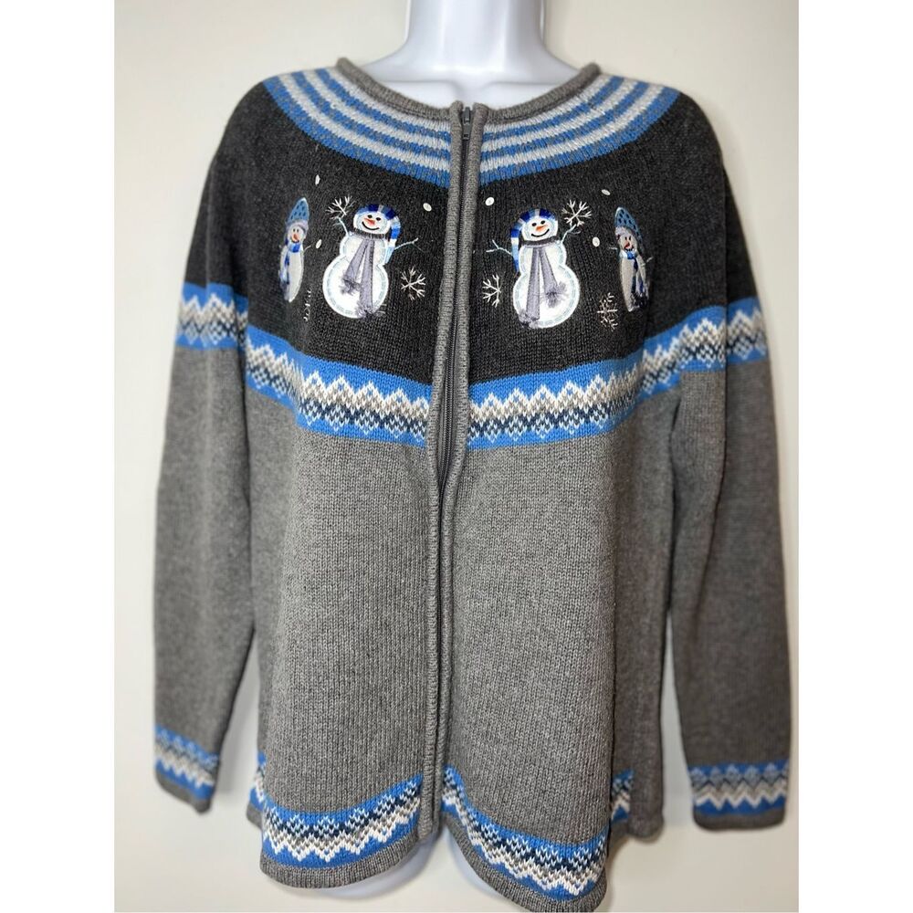 Vintage Fair Isle Snowmen Zip up Gray/Blue LARGE